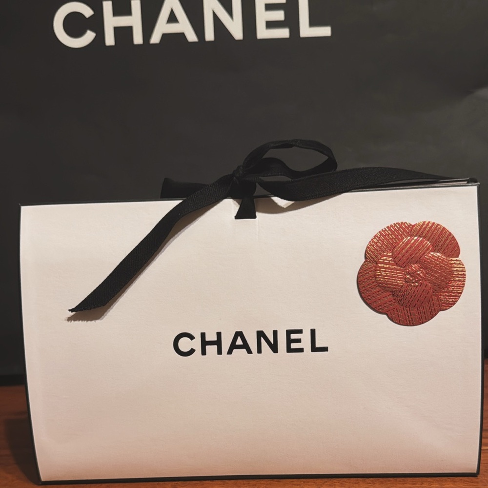 Chanel Paper Tote Bag with Black Grosgrain Ribbon & Red and Gold Flower Decal